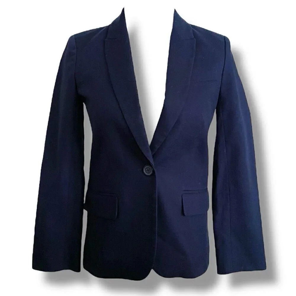 J by J Crew Women Cotton Work Blazer Sz 00 Navy Blue Preppy Career Office Cruise